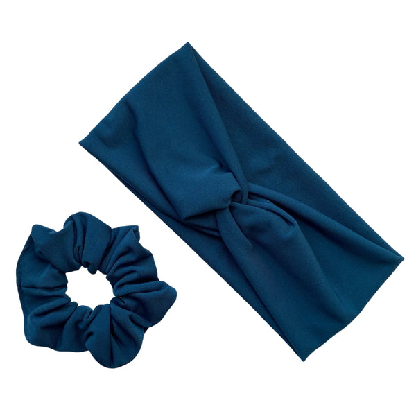 teal ice scrunchie with matching teal ice faux knot headband. Pipevine Designs