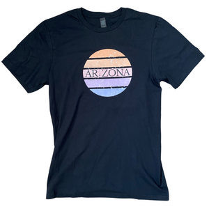 Arizona sunset ombre circle with an epee sword as the letter I in Arizona centered in the middle. Black shirt. adult fencing shirt.