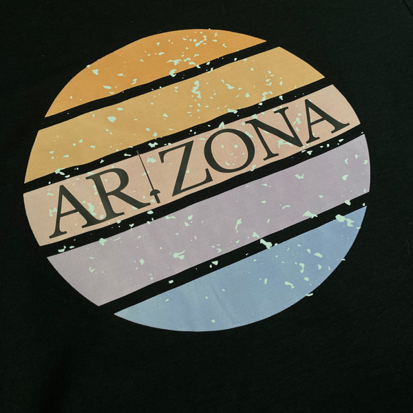 Arizona sunset ombre circle with an epee sword as the letter I in Arizona centered in the middle. Black razorback tank top. adult fencing shirt.