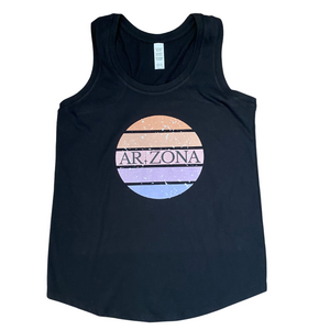 Arizona sunset ombre circle with an epee sword as the letter I in Arizona centered in the middle. Black razorback tank top. adult fencing shirt.