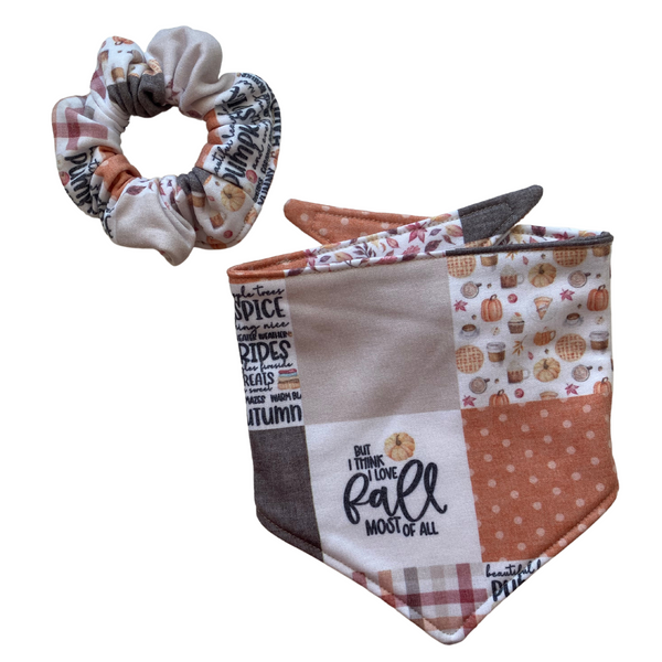 "I Love Fall Most Of All" Faux Quilt Cozy Scrunchie