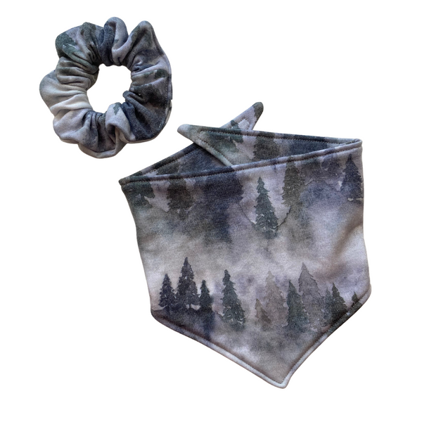 Misty Mountain Watercolor Trees Cozy Scrunchie with Blue, Grey, and Green