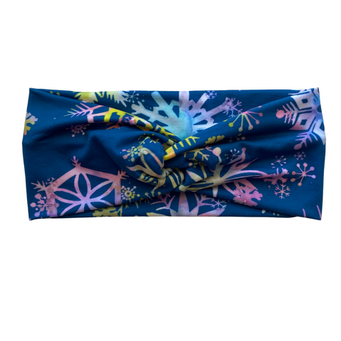 Multicolored Snowflakes on Steel Blue Matte Faux Knot Headband