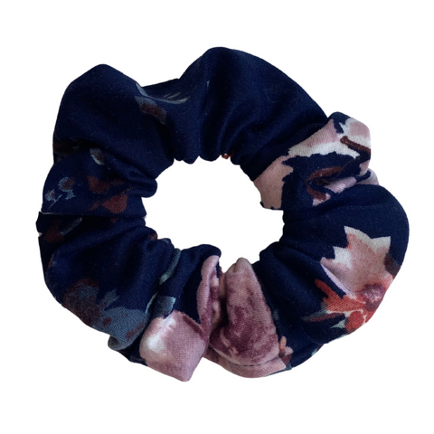 Purple and Coral Floral on Navy Blue Matte Scrunchie