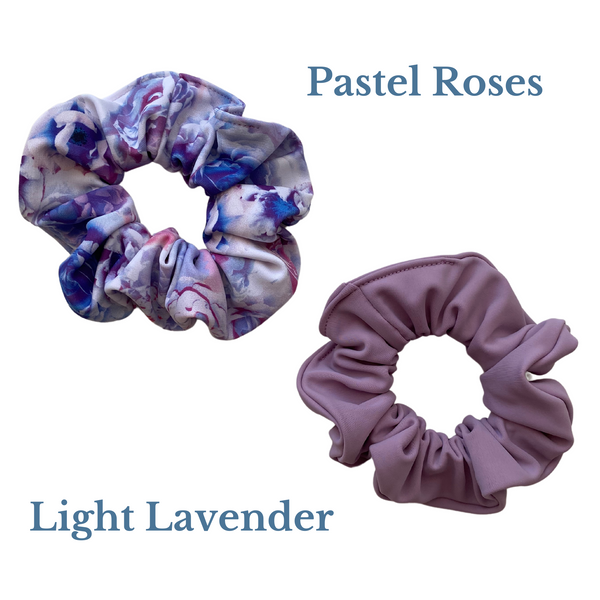 coordinating pastel roses and light lavender swim scrunchies. Pipevine Designs.