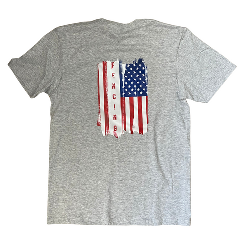 A rustic, distressed American flag, with the word "Fencing" replacing one of the red stripes, the third from the left. Adult grey shirt.