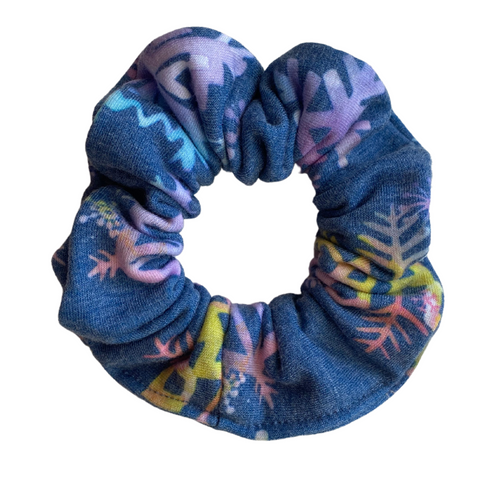 Multicolored Snowflakes on Soft Steel Blue Cozy Scrunchie