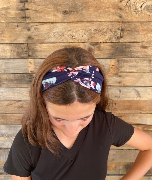 Purple and Coral Flowers on Navy Blue Matte Faux Knot Headband