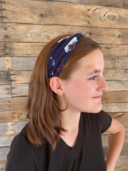 Purple and Coral Flowers on Navy Blue Matte Faux Knot Headband
