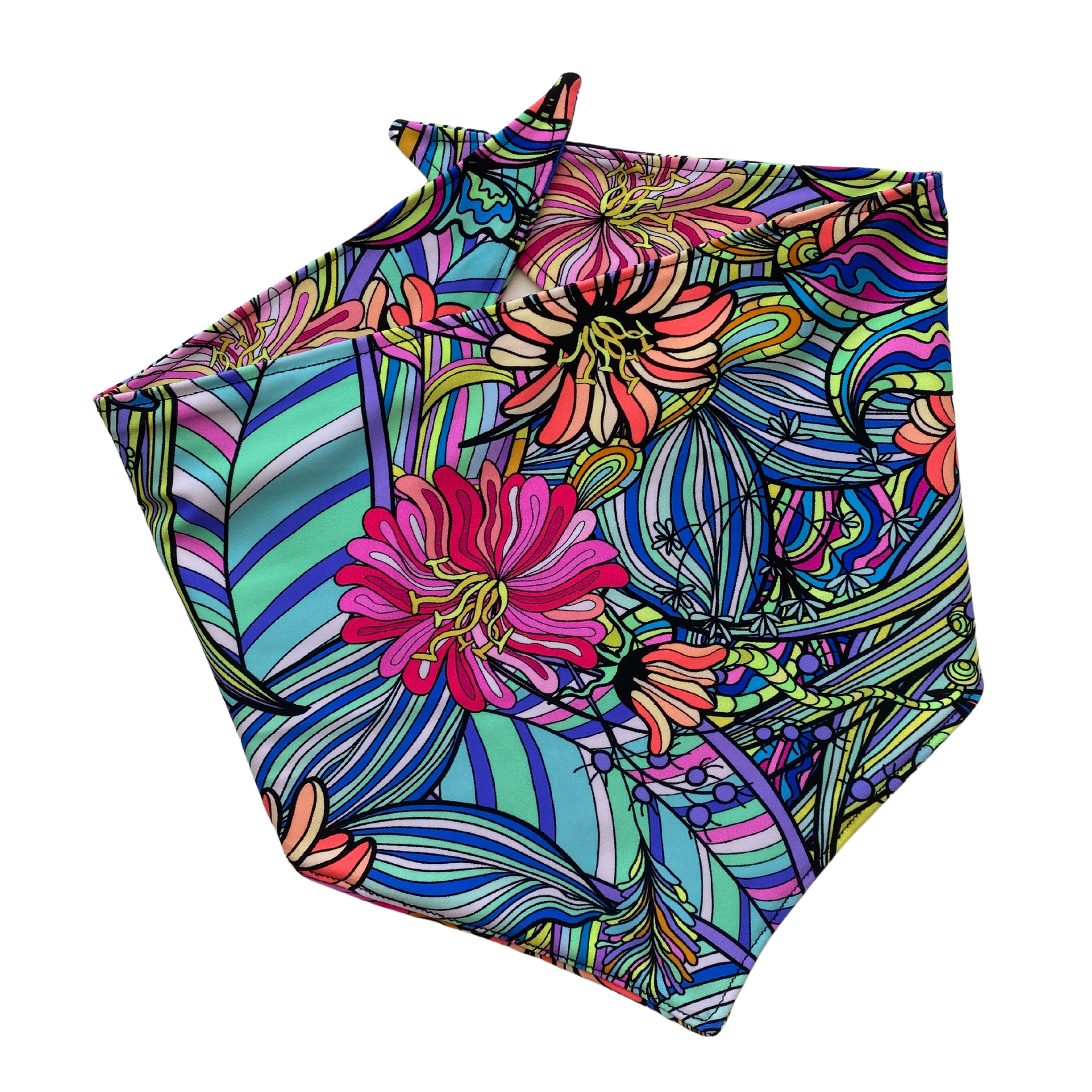 Close up picture of the retro swim scARF (cooling bandana for dogs). Its bold and colorful floral print will make your pet stand out at the beach or by the pool. Pipevine Designs