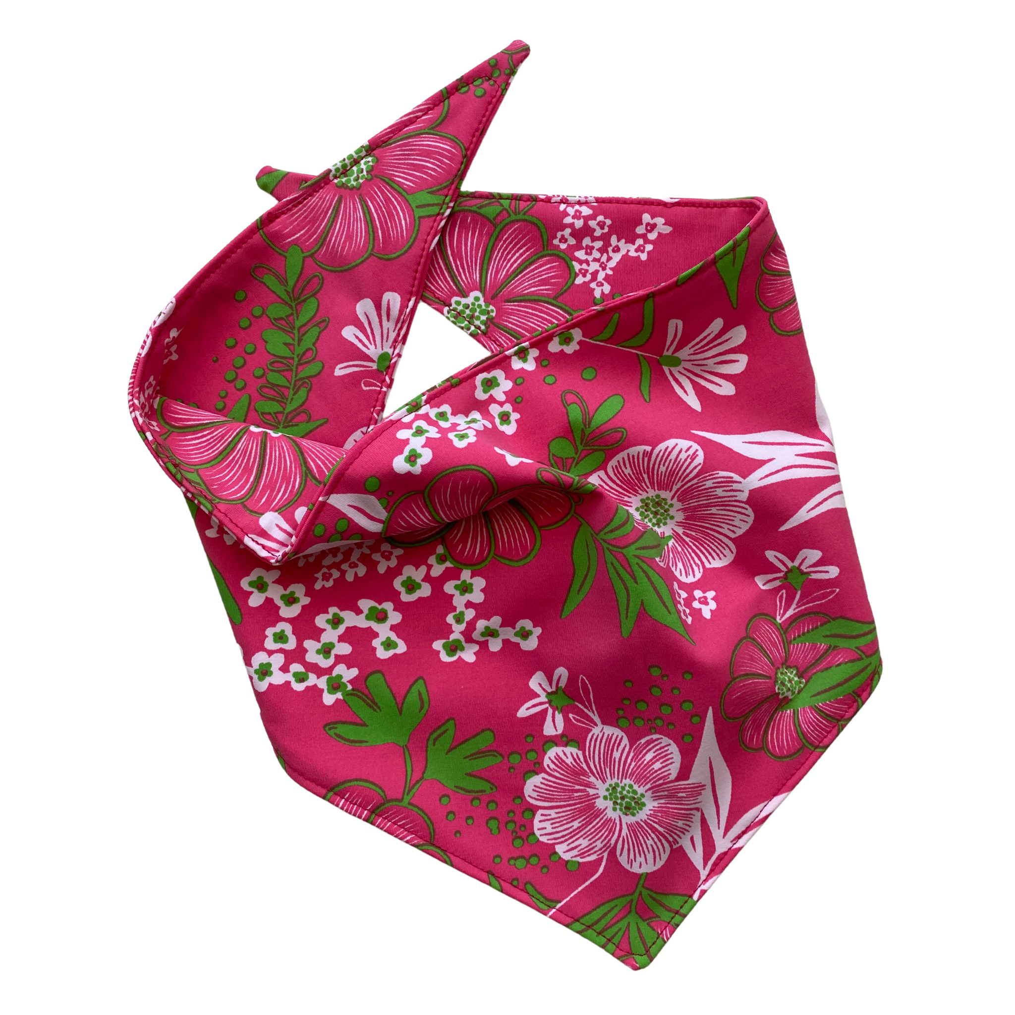 Close up picture of hot pink and lime green floral swim scARF (aka cooling bandana for dogs). Pipevine Designs.
