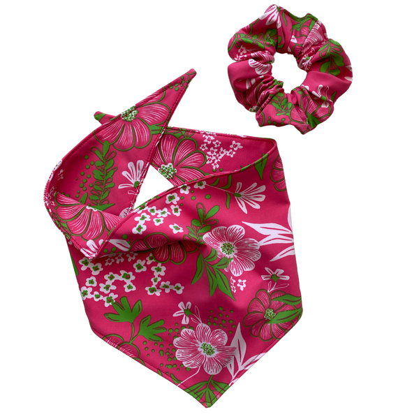 Close up picture of floral print with lime green on hot pink swim scrunchie with matching swim scARF (aka cooling bandana for dogs). Pipevine Designs.