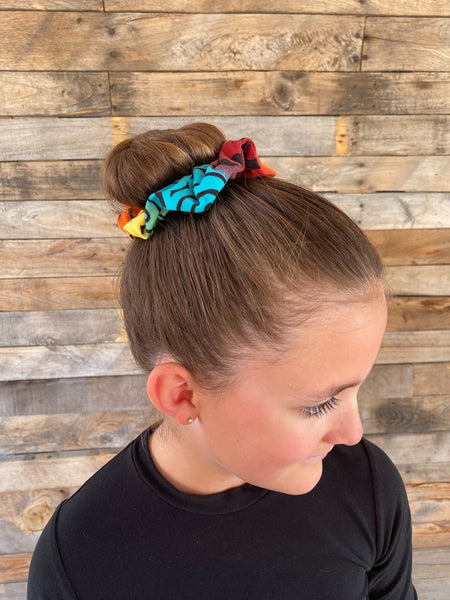 Pipevine Designs Rainbow colored Ombre scrunchie in a hair bun