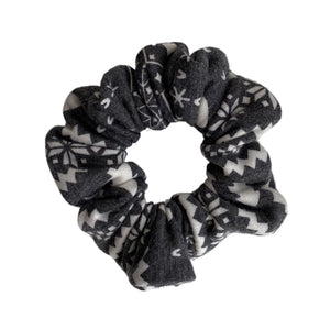 cream snowflakes and trees on soft black scrunchie