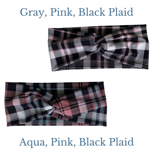 Aqua, Pink, and Black Plaid Ice Faux Knot Headband and gray, pink, black plaid faux knot headband together