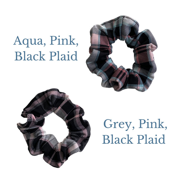 Aqua, pink, black plaid and Grey, pink, black plaid semi shiny scrunchie comparison