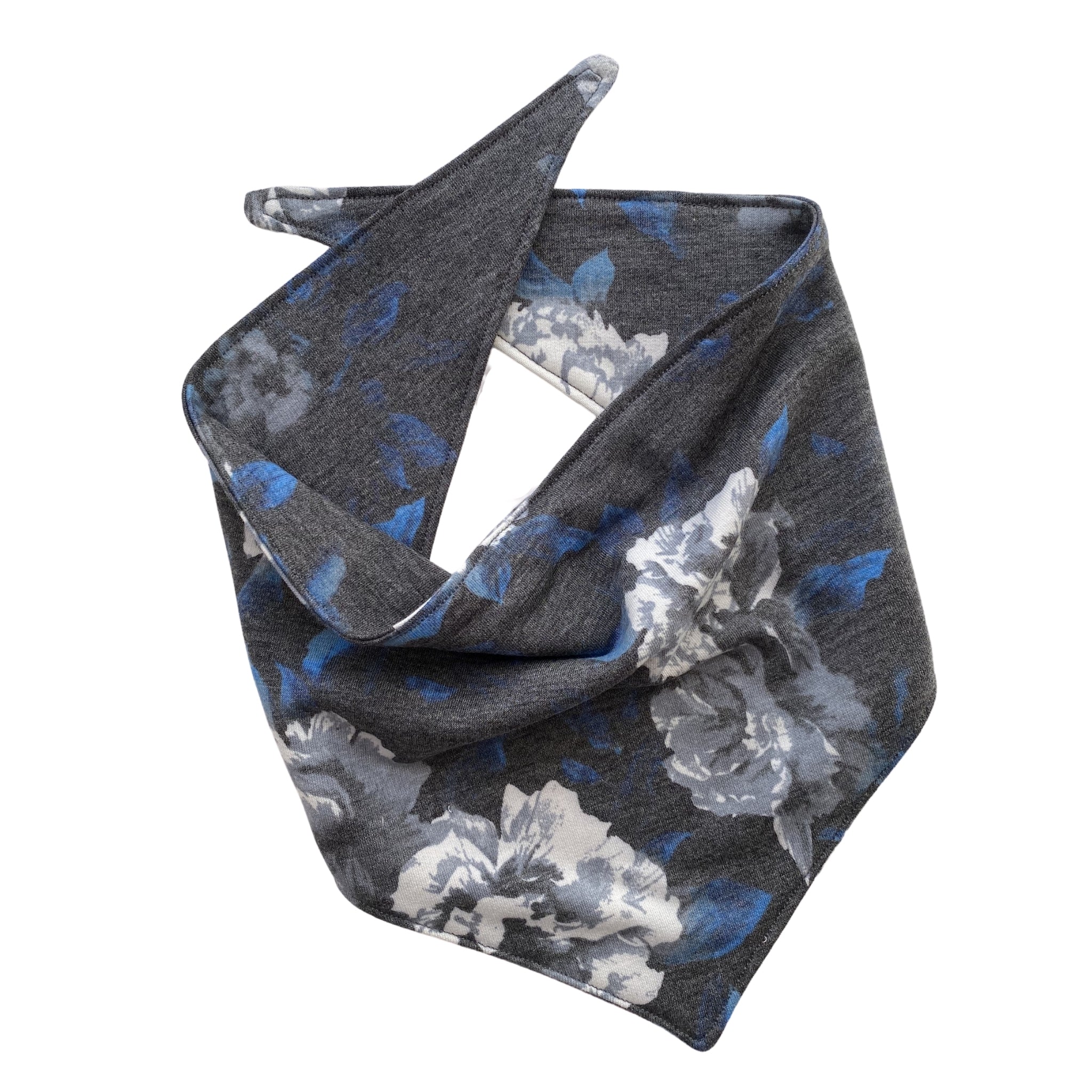blue, cream and gray floral on soft black scARF bandana