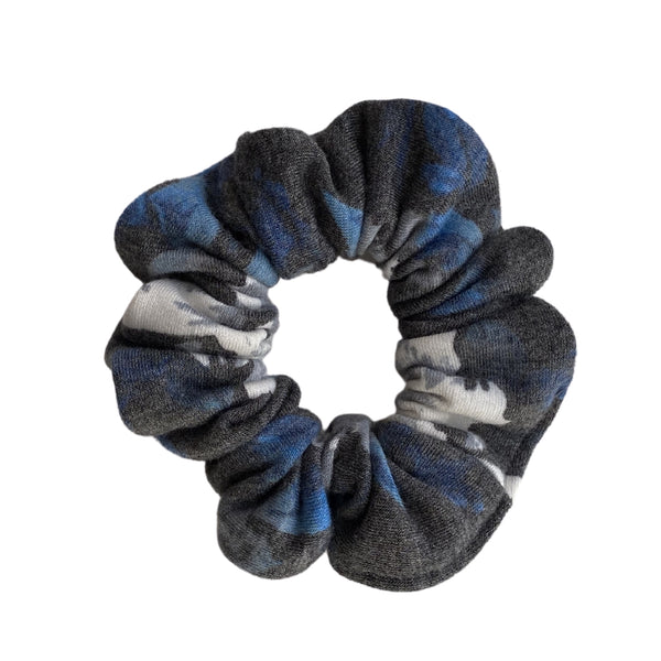 Blue, cream, gray floral on soft black scrunchie
