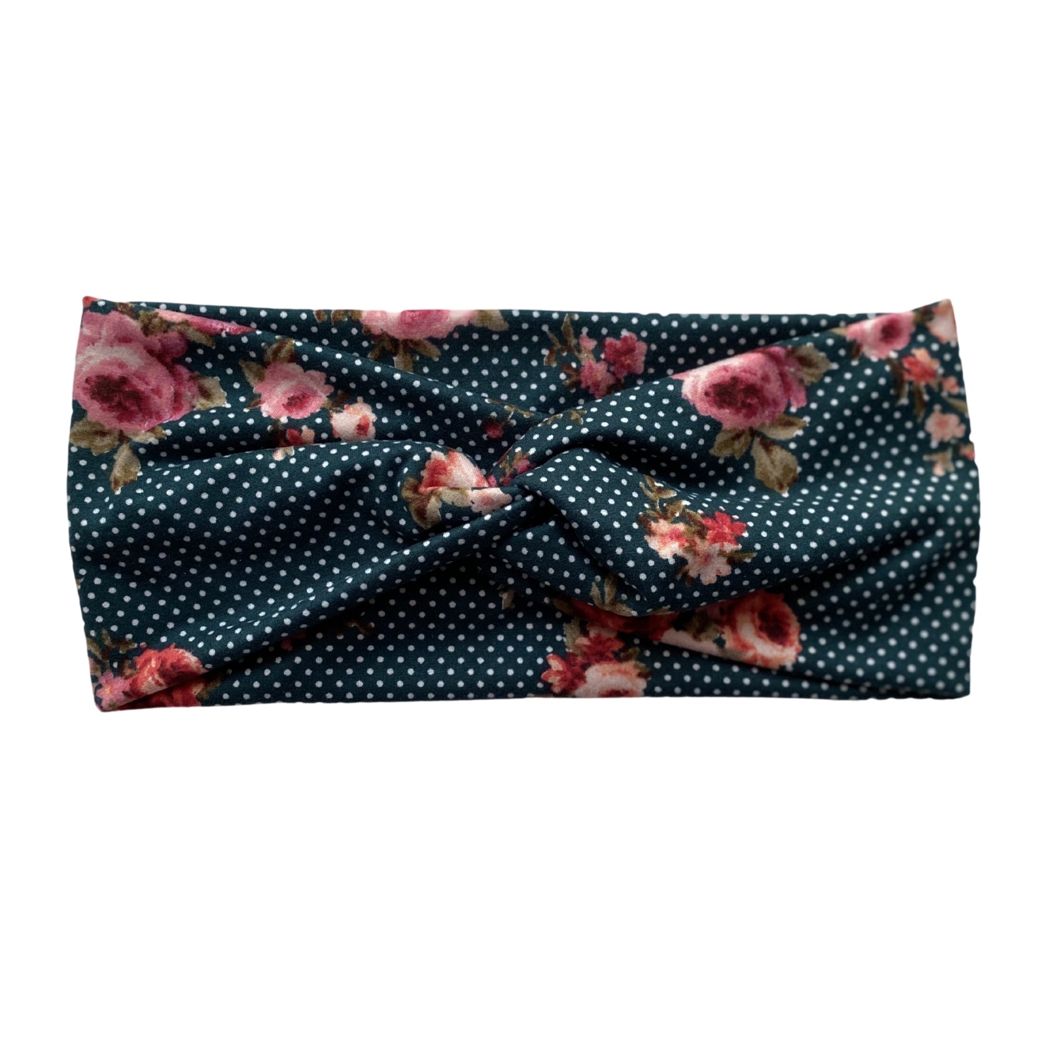 Small white dots and floral on hunter green, semi-matte faux knot headband