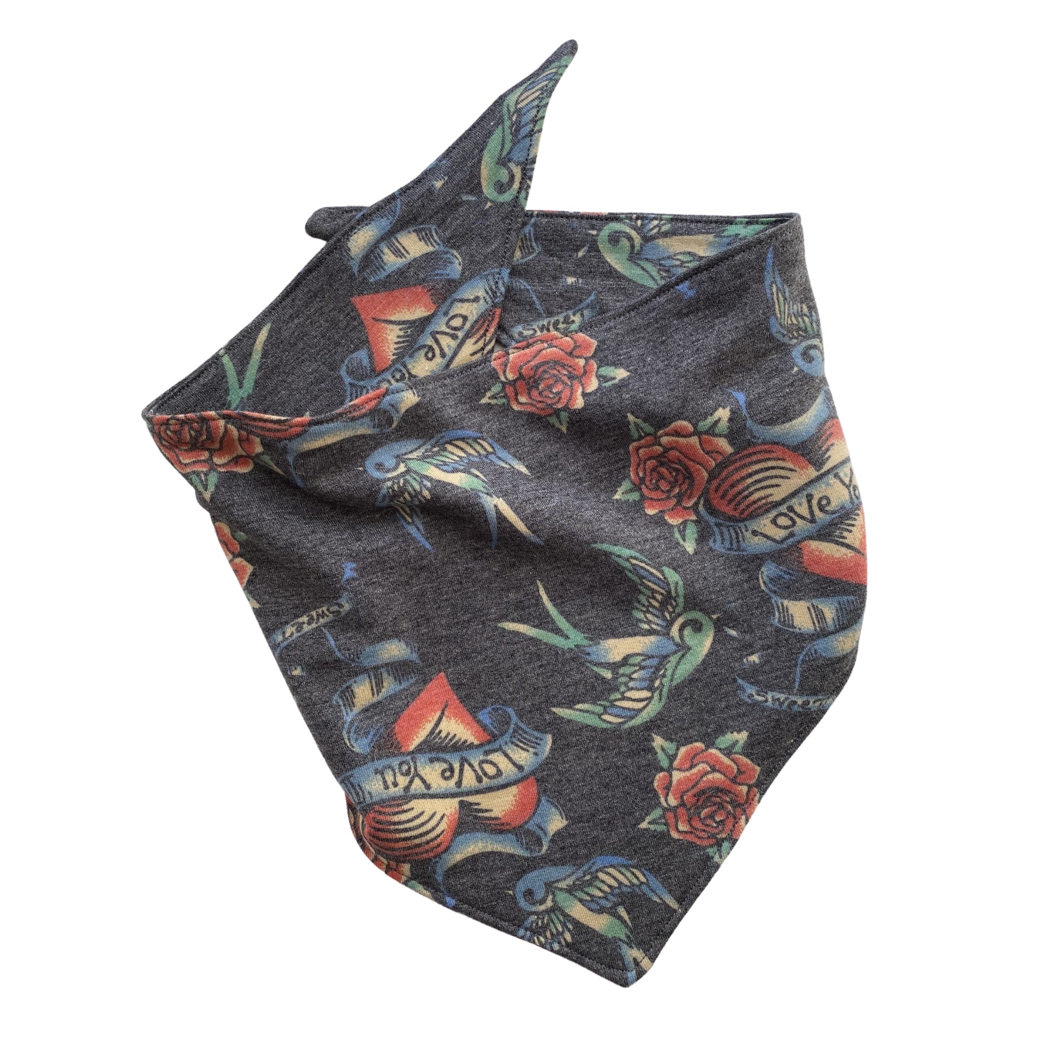 Tattoo love with doves and roses on soft black scARF bandana