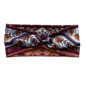 Burgundy, blue, white fall deco semi-shiny faux knot headband