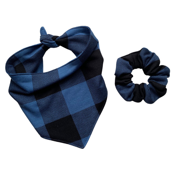 blue and black buffalo plaid cozy scARF with matching scrunchie pipevine designs 