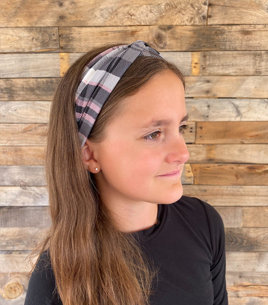 Gray, Pink, and Black Plaid Ice Faux Knot Headband