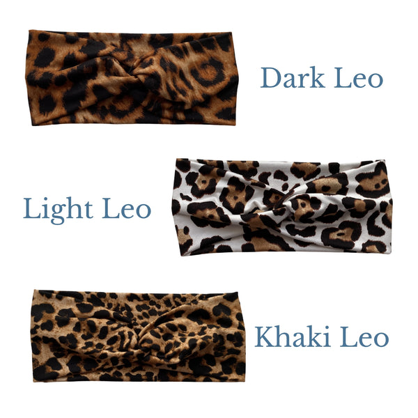 Dark leopard, light leopard on white, leopard on khaki semi-matte faux knot headband