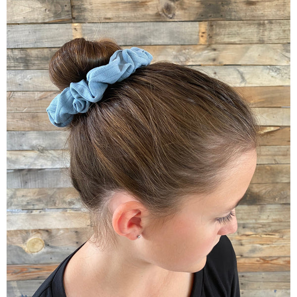 light blue ribbed scrunchie on head Pipevine Designs 