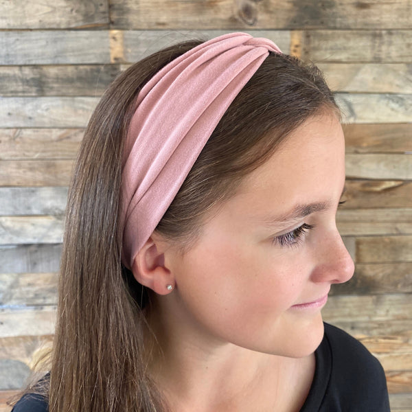 blush pink matte faux knot headband on head Pipevine Designs 