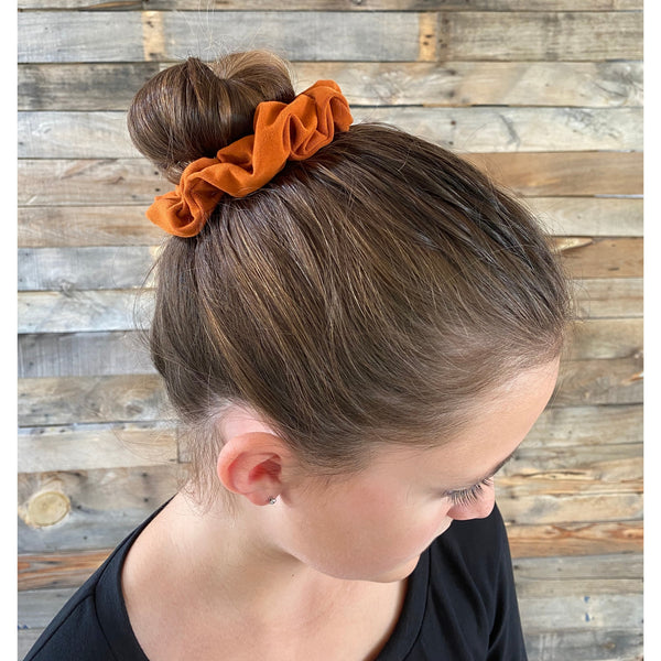 Ginger Rust Matte Scrunchie on head Pipevine Designs