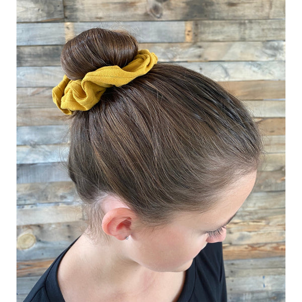 Mustard ribbed Scrunchie on head pipevine designs