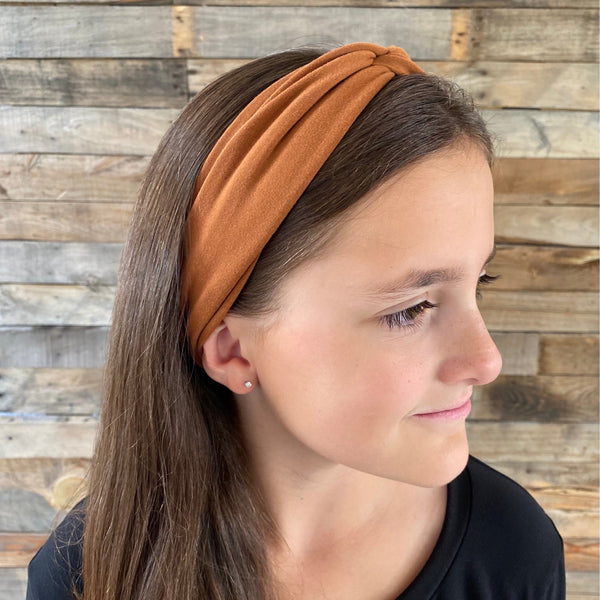 tawny brown matte faux knot headband on head side view Pipevine Designs 