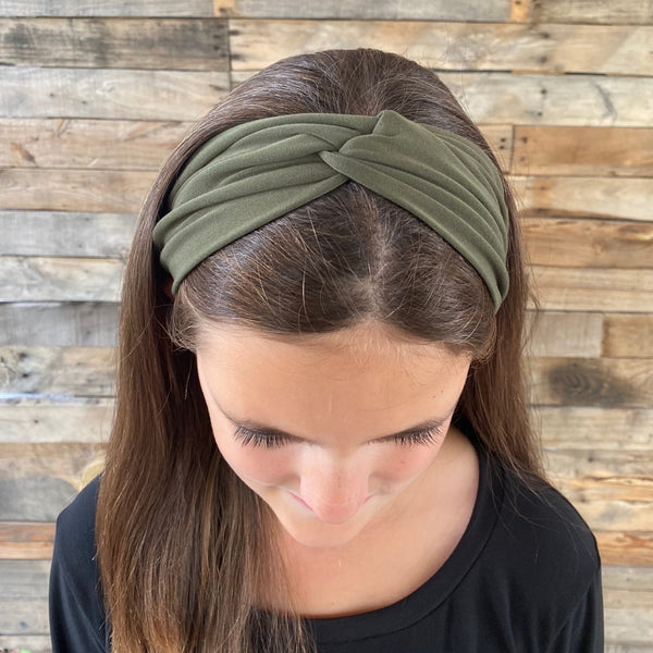 olive green matte faux knot headband on head top knot view Pipevine Designs 