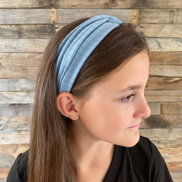 blue steel ribbed faux knot headband ear warmer on head side headband view Pipevine Designs 
