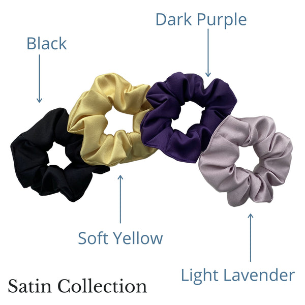 solid black, light soft yellow, dark purple, light lavender satin scrunchies all together