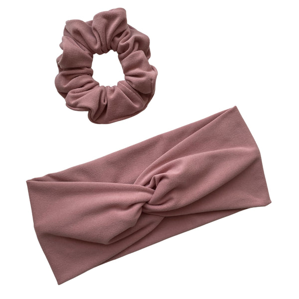 blush pink matte scrunchie with blush pink faux knot twist headband Pipevine Designs 