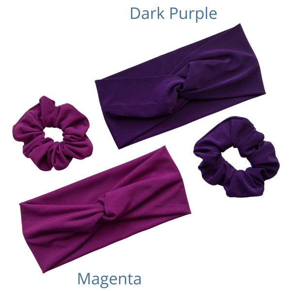 dark purple ice faux knot headband with matching dark purple ice scrunchie and magenta faux knot headband with matching magenta ice scrunchie  Pipevine Designs 