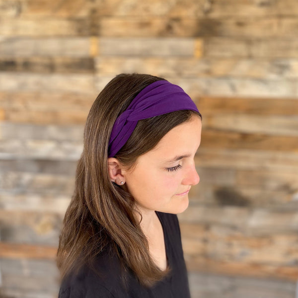 dark purple ice faux knot headband on hair Pipevine Designs 