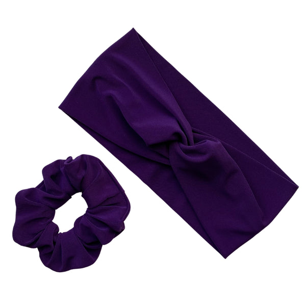 dark purple ice scrunchie with matching dark purple ice faux knot headband Pipevine Designs 