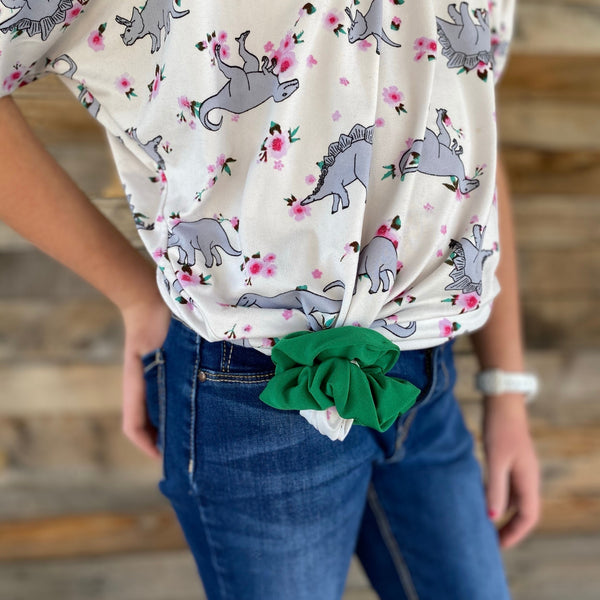 solid Kelly green scrunchie tied on shirt