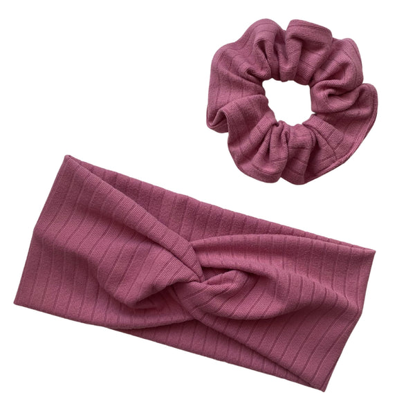 Light mauve ribbed scrunchie and matching faux knot headband Pipevine Designs
