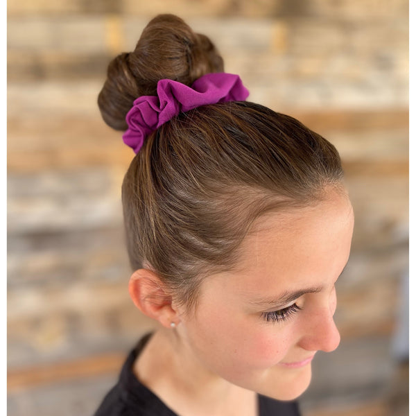 magenta ice scrunchie  on hair bun Pipevine Designs 