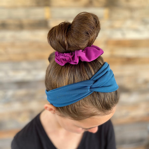 teal ice faux knot headband and magenta ice scrunchie in hair. Pipevine Designs 