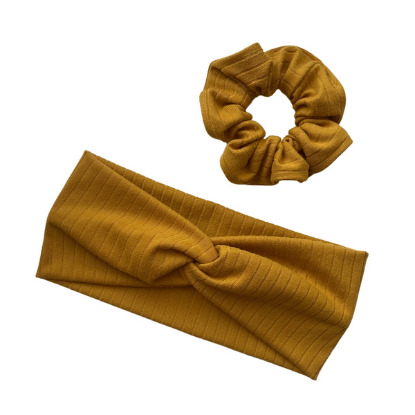 Mustard ribbed Scrunchie and matching faux knot headband pipevine designs