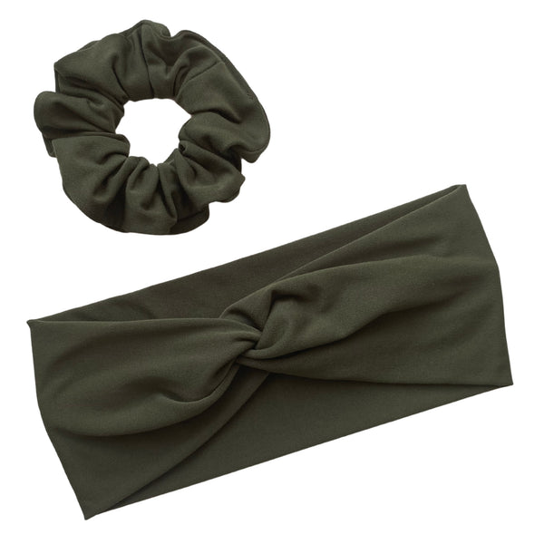 olive green matte faux knot headband with matching scrunchie Pipevine Designs 