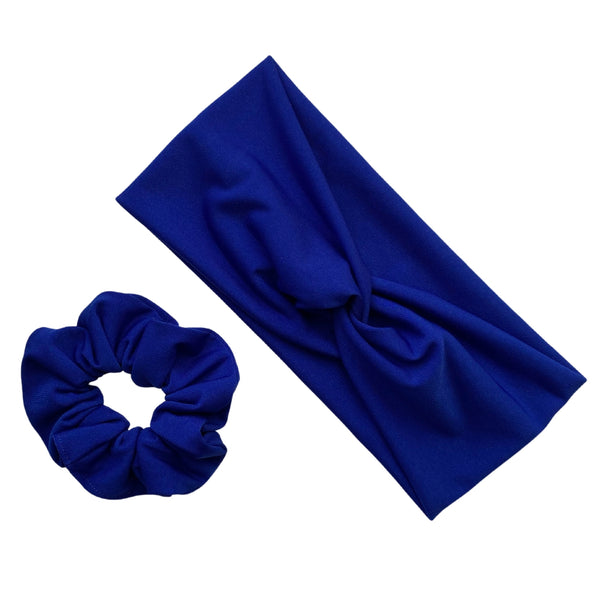 royal blue ice scrunchie with matching royal blue ice faux knot headband. Pipevine Designs 