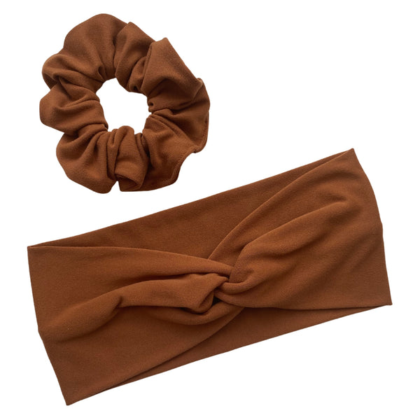tawny brown matte faux knot headband with matching scrunchie Pipevine Designs 